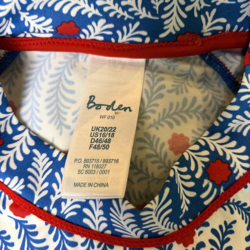 Boden Womens Blue White Red Botanical Leaf Floral Rash Guard Swim Top US 16/18 - Picture 3 of 7